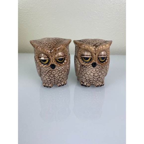 Vintage Sleepy Owl Double Sided Ceramic Salt & Pepper Shakers Large w/ Stoppers - Picture 3 of 12